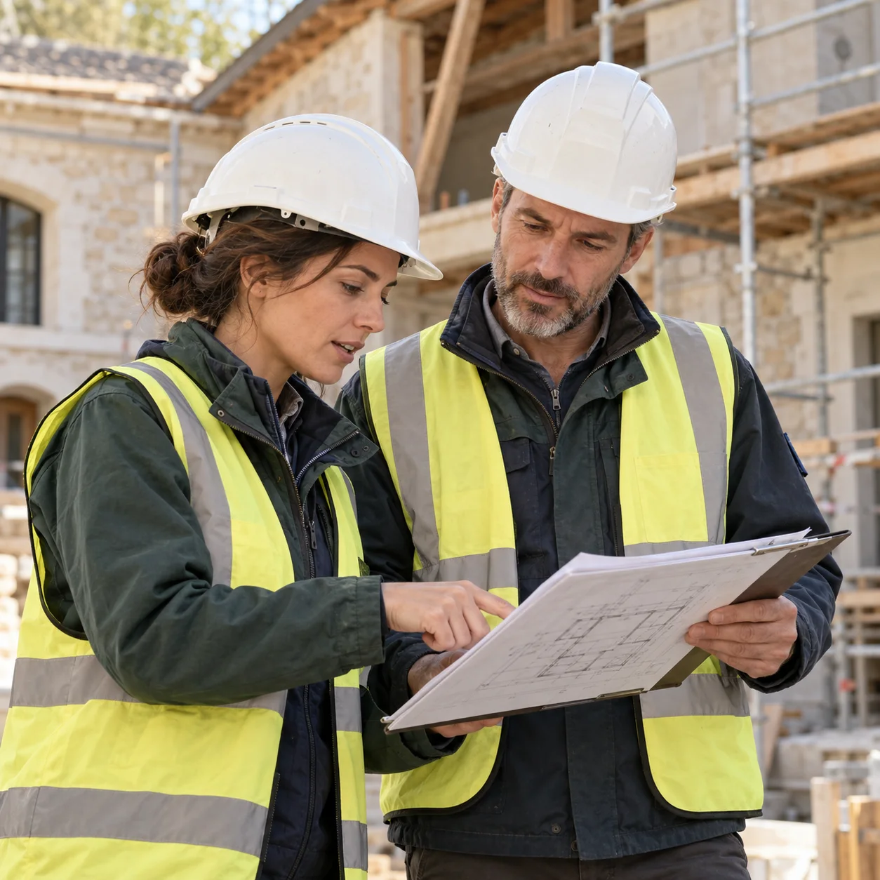 Illustration générée par IA : deux responsables de chantier en casque relisent un plan ensemble.