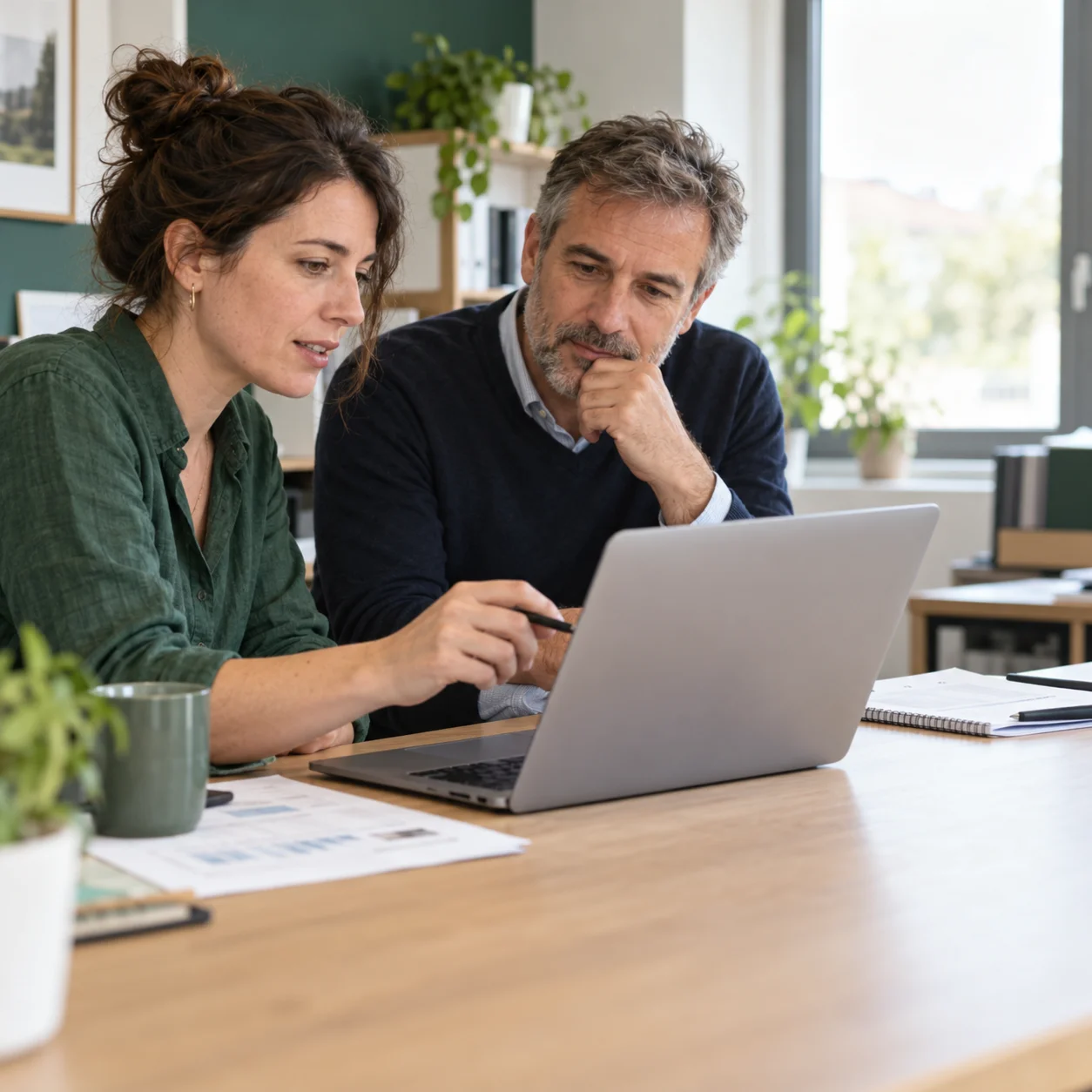 Illustration générée par IA : deux collègues travaillent sur leurs documents et leur ordinateur au bureau.