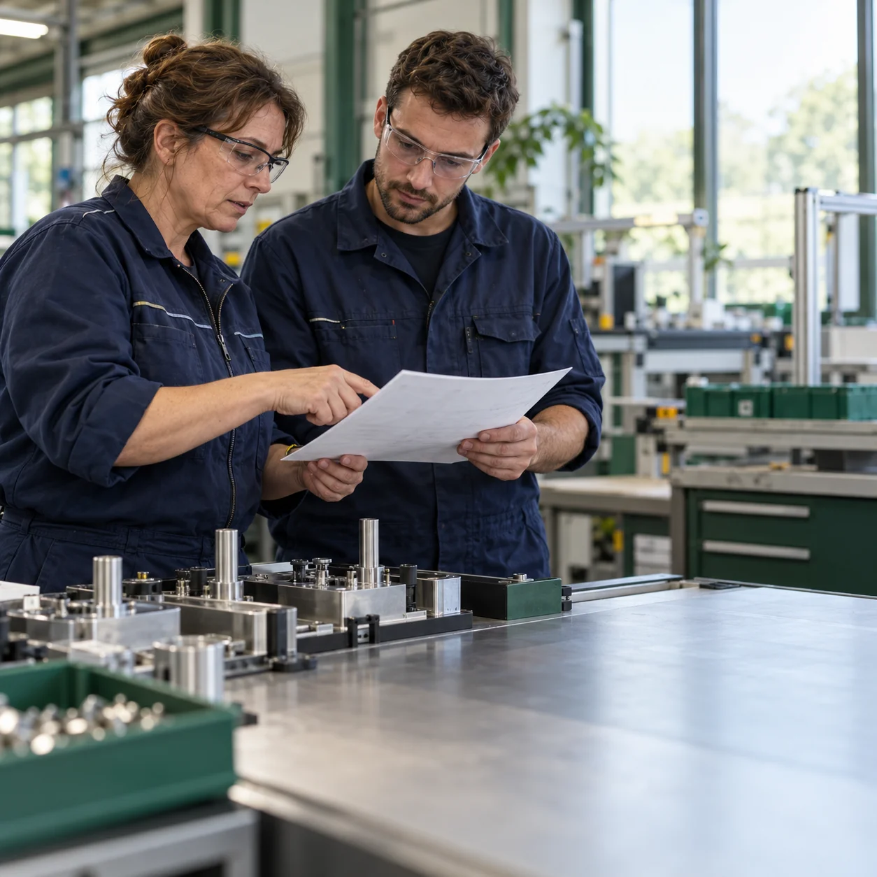 Illustration générée par IA : deux professionnels relisent une procédure qualité dans un atelier industriel.