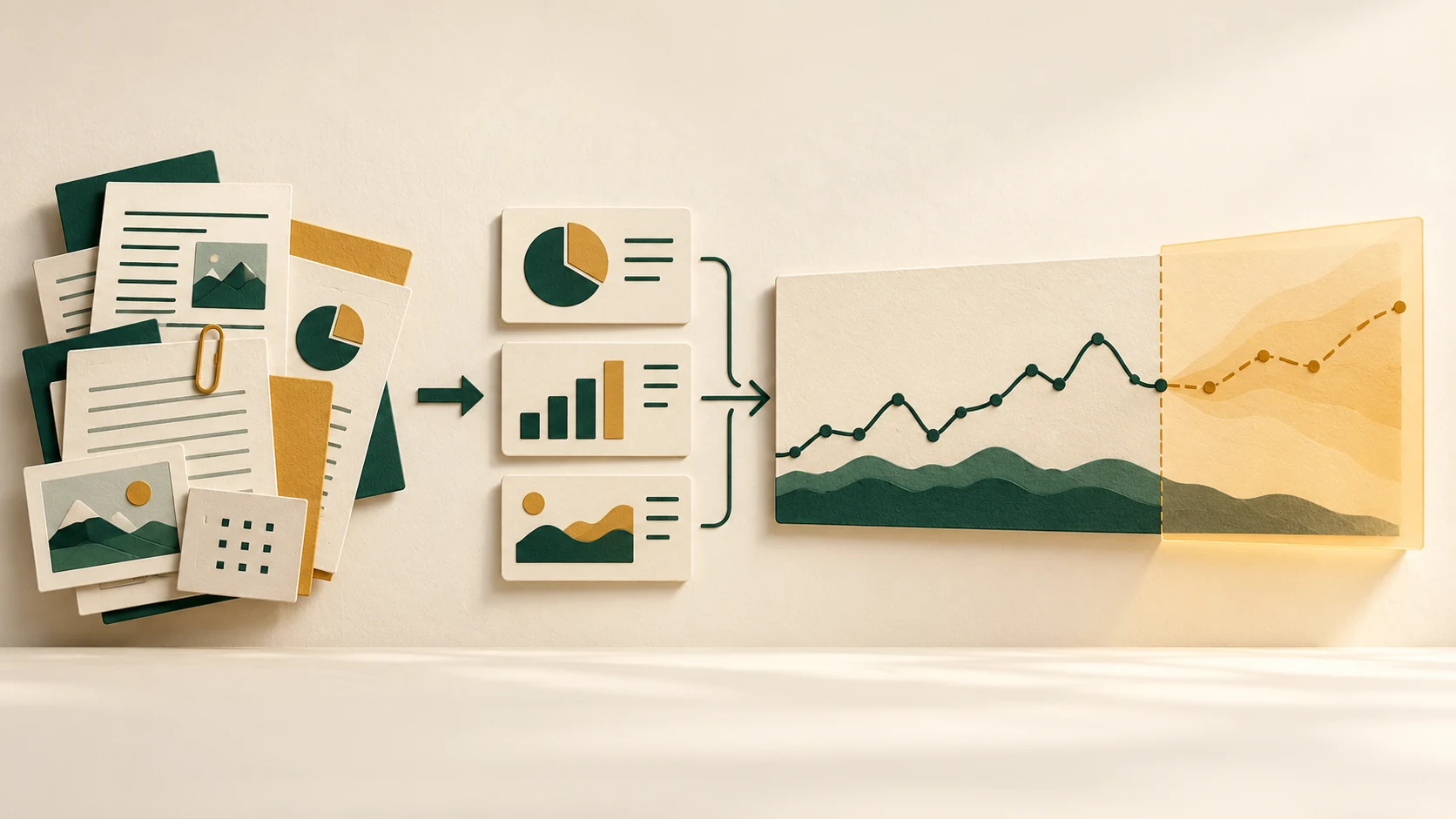 Documents, diapositives et données historiques reliés dans une illustration des usages IA de la semaine.