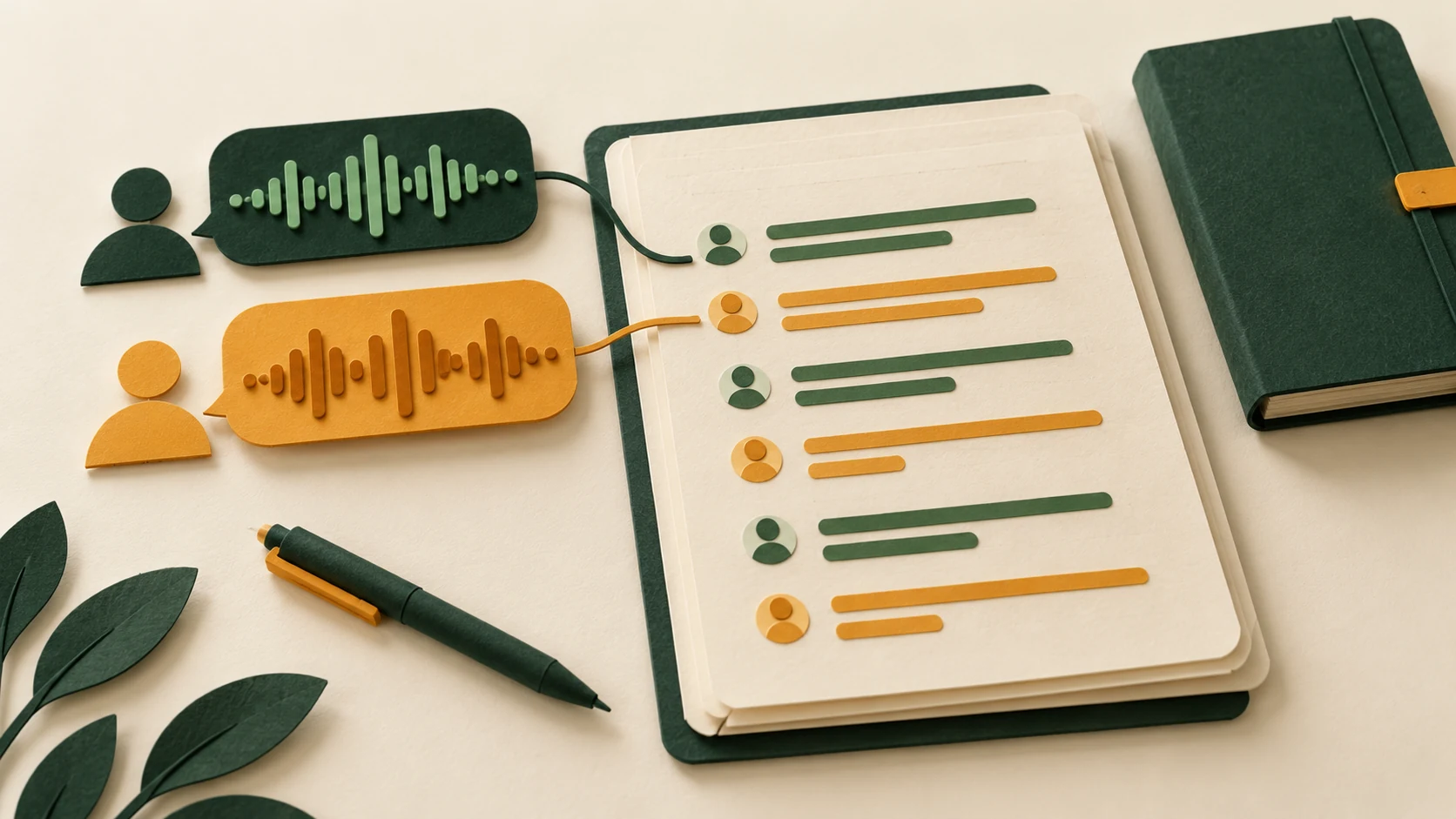 Deux prises de parole représentées par des ondes distinctes puis regroupées sur une transcription.