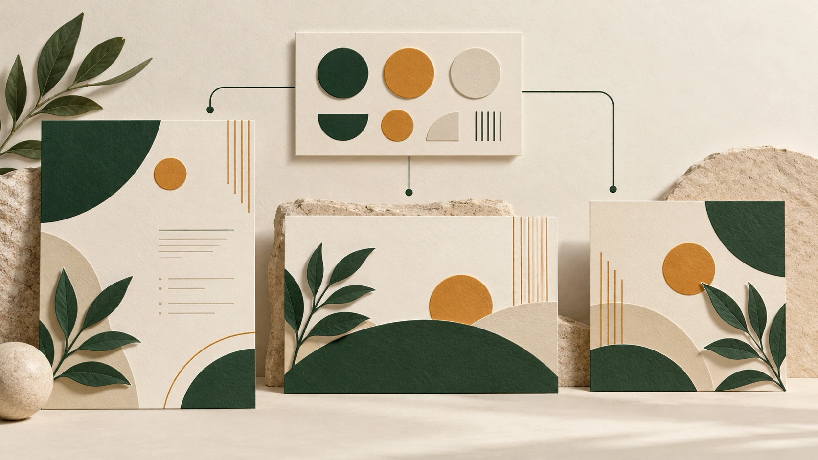 Trois supports commerciaux construits à partir d’une même référence graphique.