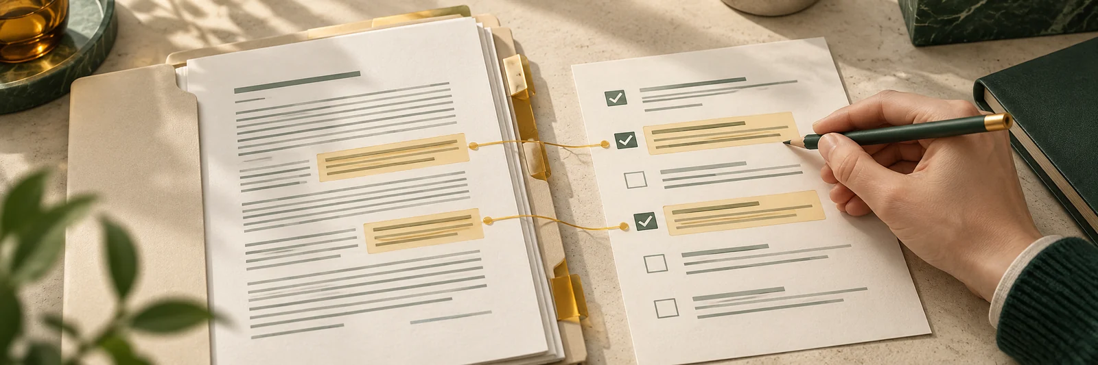 Une main compare des passages d’un document avec une grille de relecture.