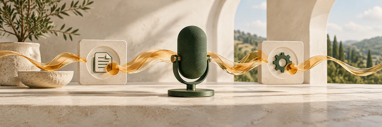 Un microphone relié à des cartes de travail par un ruban évoquant la voix.